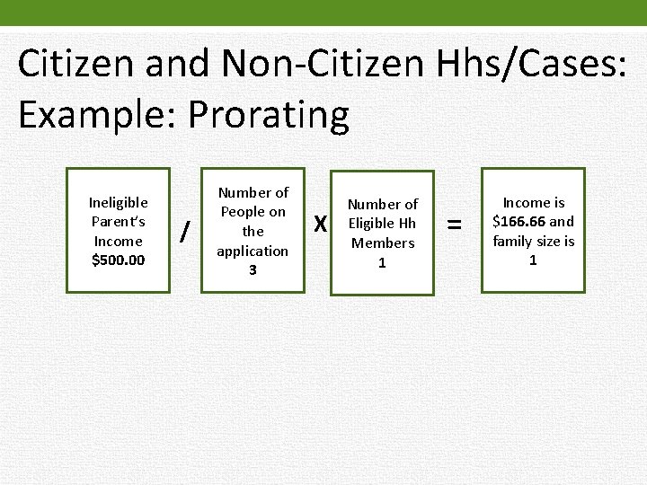 Citizen and Non-Citizen Hhs/Cases: Example: Prorating Ineligible Parent’s Income $500. 00 / Number of