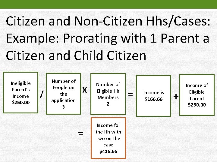 Citizen and Non-Citizen Hhs/Cases: Example: Prorating with 1 Parent a Citizen and Child Citizen