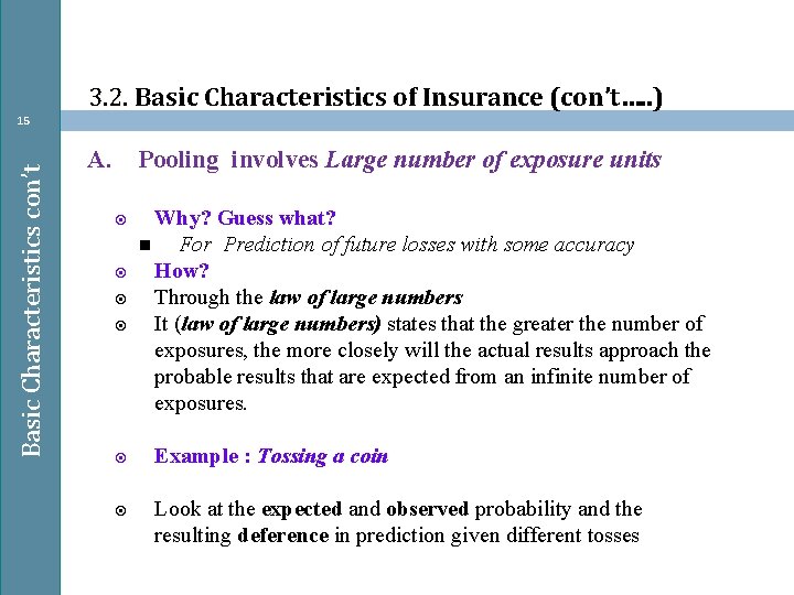 3. 2. Basic Characteristics of Insurance (con’t…. . ) Basic Characteristics con’t 15 A.