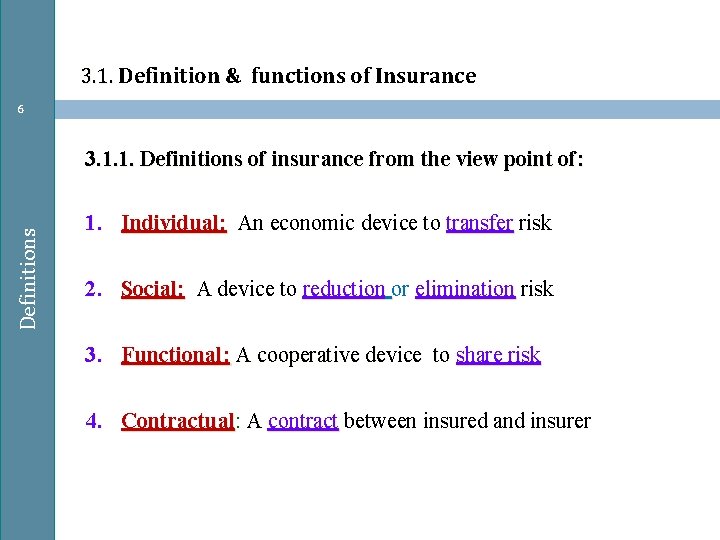 3. 1. Definition & functions of Insurance 6 Definitions 3. 1. 1. Definitions of