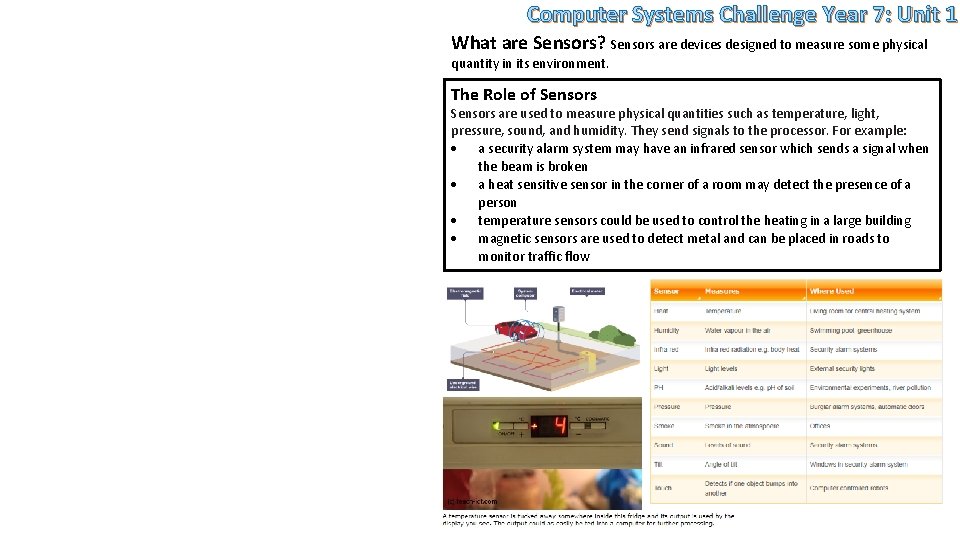 Computer Systems Challenge Year 7: Unit 1 What are Sensors? Sensors are devices designed