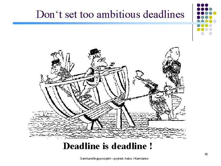 Don‘t set too ambitious deadlines Deadline is deadline ! 18 Samhandlingsprosjekt – psykisk helse