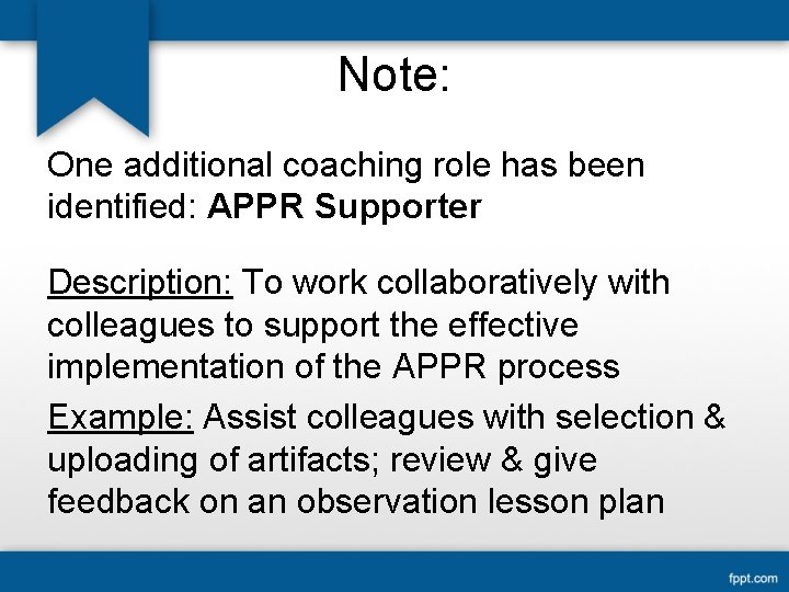 Note: One additional coaching role has been identified: APPR Supporter Description: To work collaboratively