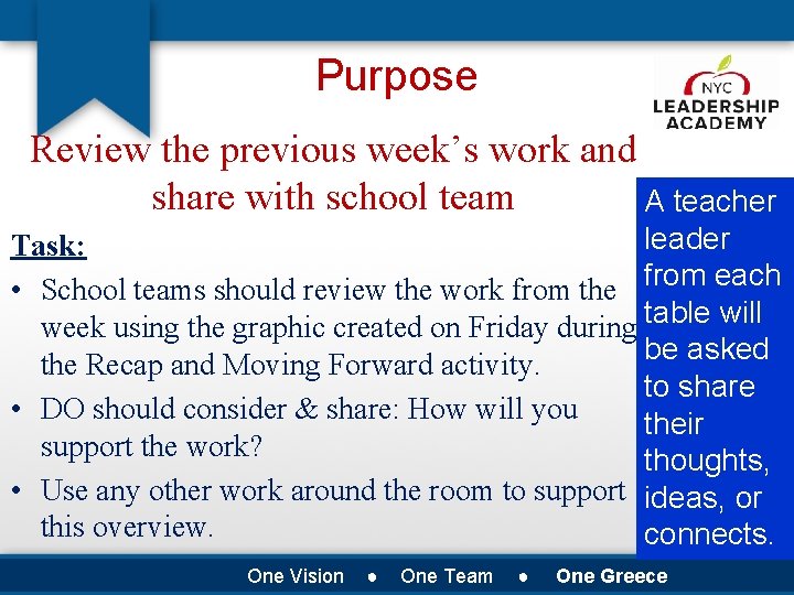 Purpose Review the previous week’s work and share with school team A teacher leader