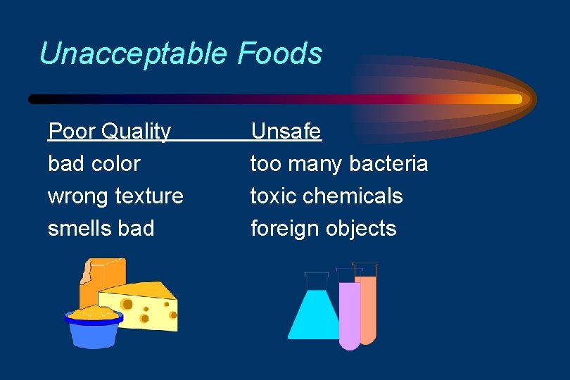 Unacceptable Foods Poor Quality bad color wrong texture smells bad Unsafe too many bacteria