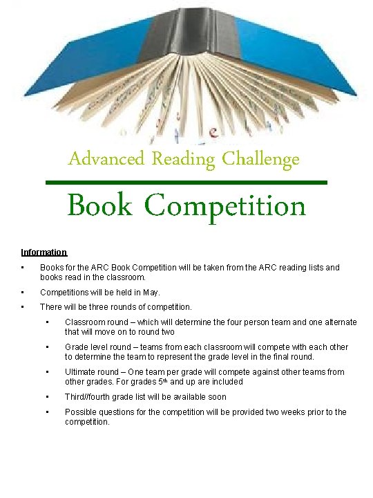 Advanced Reading Challenge Book Competition Information • Books for the ARC Book Competition will