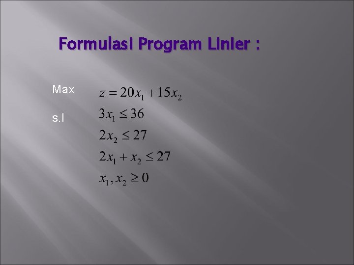 Formulasi Program Linier : Max s. l 