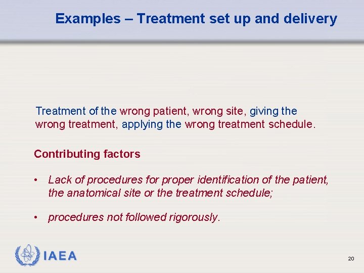 Examples – Treatment set up and delivery Treatment of the wrong patient, wrong site,