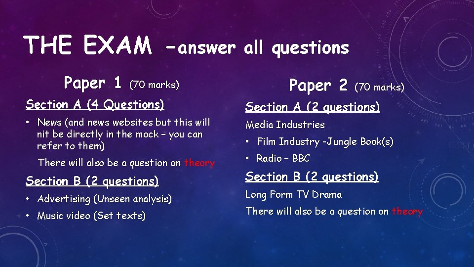 THE EXAM -answer Paper 1 (70 marks) all questions Paper 2 (70 marks) Section