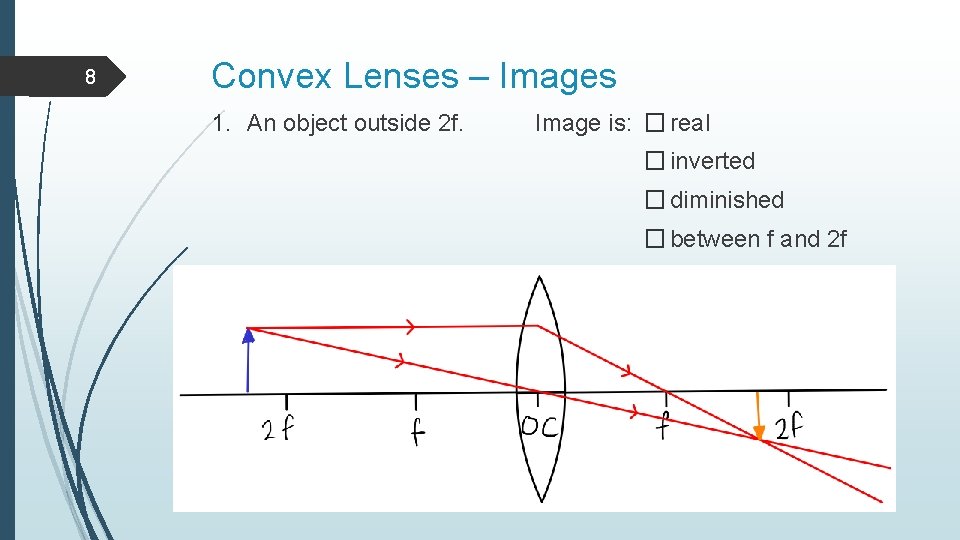 8 Convex Lenses – Images 1. An object outside 2 f. Image is: �