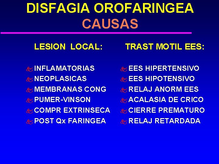 DISFAGIA OROFARINGEA CAUSAS LESION LOCAL: k INFLAMATORIAS k NEOPLASICAS k MEMBRANAS CONG k PUMER-VINSON