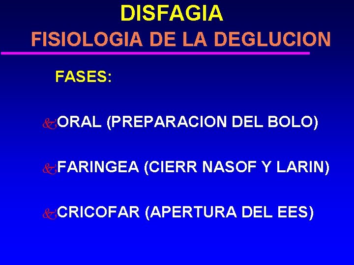 DISFAGIA FISIOLOGIA DE LA DEGLUCION FASES: k. ORAL (PREPARACION DEL BOLO) k. FARINGEA (CIERR