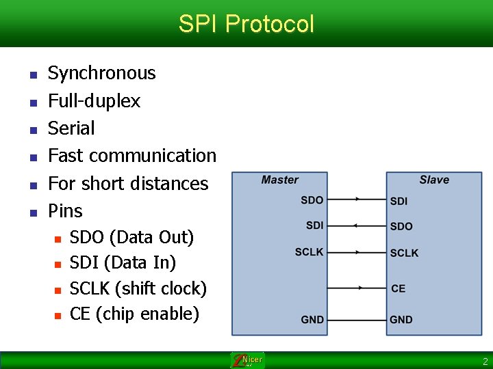 SPI Protocol n n n Synchronous Full-duplex Serial Fast communication For short distances Pins