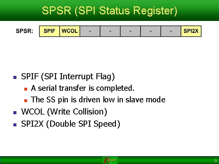 SPSR (SPI Status Register) n SPIF (SPI Interrupt Flag) n n A serial transfer