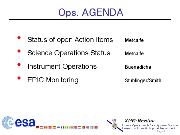 Ops. AGENDA • • Status of open Action Items Metcalfe Science Operations Status Metcalfe