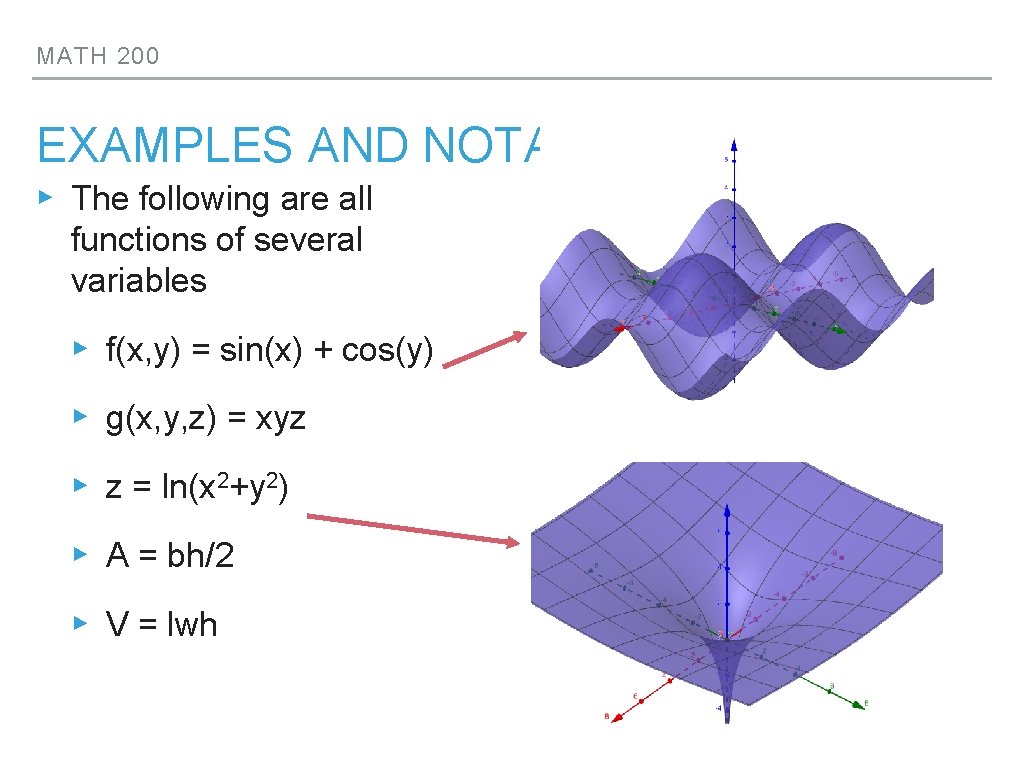 MATH 200 EXAMPLES AND NOTATION ▸ The following are all functions of several variables