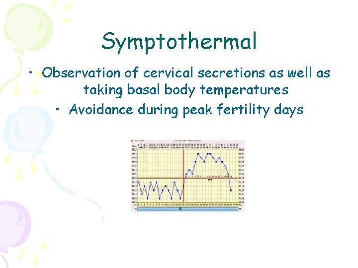 Symptothermal • Observation of cervical secretions as well as taking basal body temperatures •