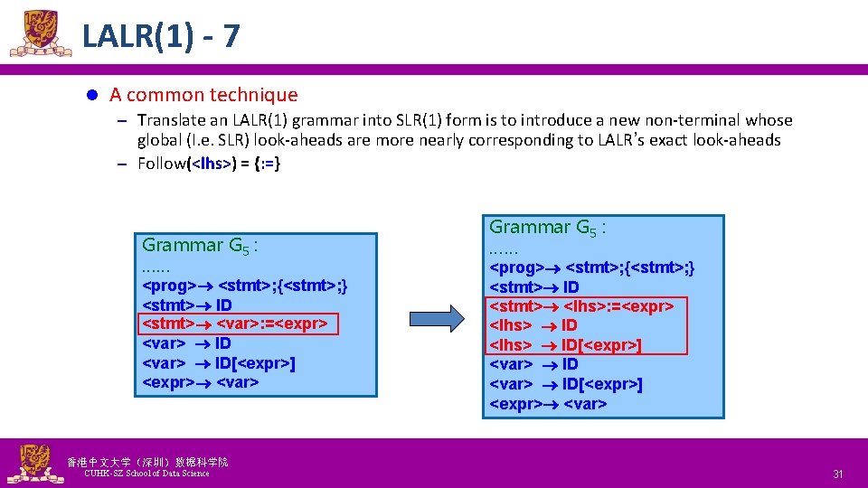 LALR(1) - 7 l A common technique – Translate an LALR(1) grammar into SLR(1)