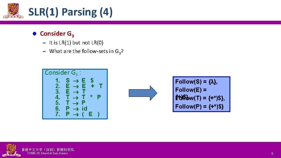 SLR(1) Parsing (4) l Consider G 3 – It is LR(1) but not LR(0)