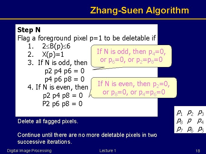 Zhang-Suen Algorithm Step N Flag a foreground pixel p=1 to be deletable if 1.