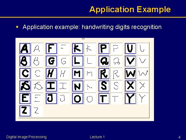 Application Example § Application example: handwriting digits recognition Digital Image Processing Lecture 1 4