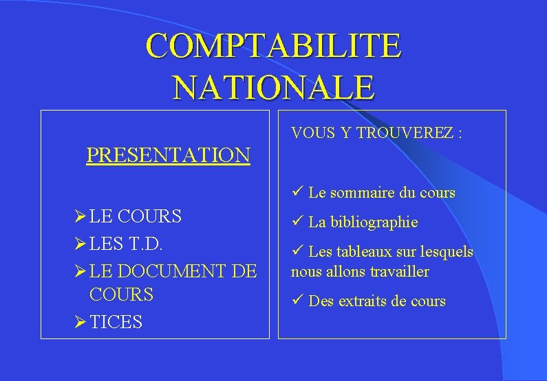 COMPTABILITE NATIONALE VOUS Y TROUVEREZ : PRESENTATION ü Le sommaire du cours Ø LE