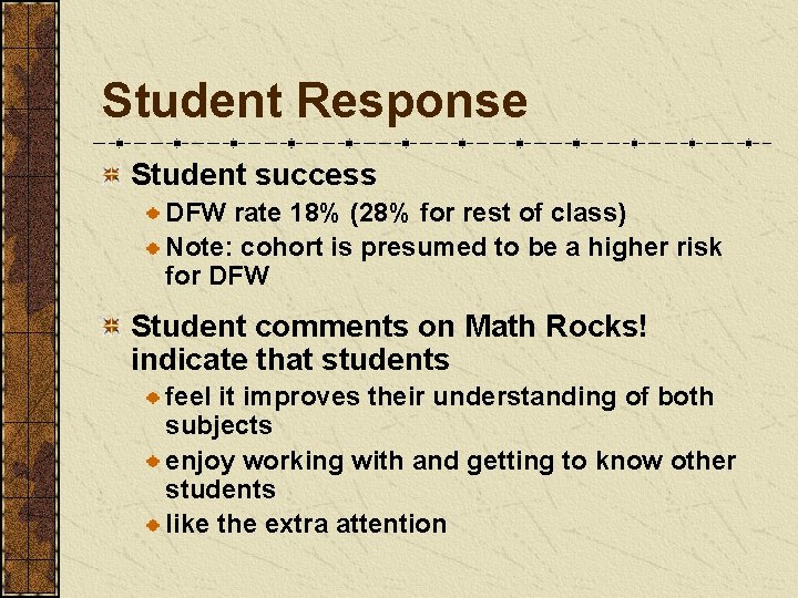 Student Response Student success DFW rate 18% (28% for rest of class) Note: cohort