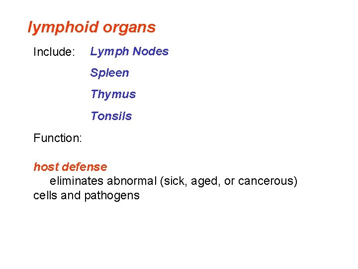 lymphoid organs Include: Lymph Nodes Spleen Thymus Tonsils Function: host defense eliminates abnormal (sick,