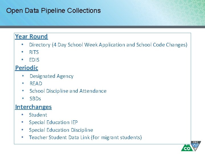 Open Data Pipeline Collections Year Round • Directory (4 Day School Week Application and