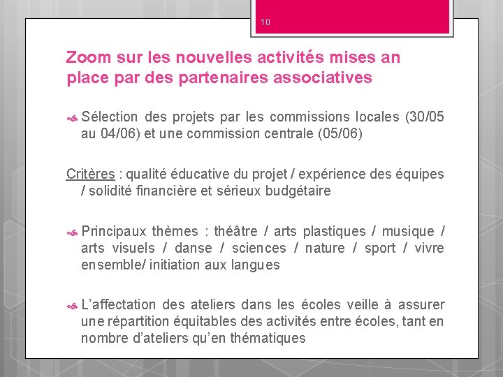 10 Zoom sur les nouvelles activités mises an place par des partenaires associatives Sélection