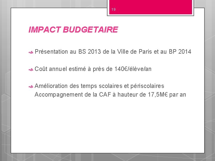 19 IMPACT BUDGETAIRE Présentation au BS 2013 de la Ville de Paris et au
