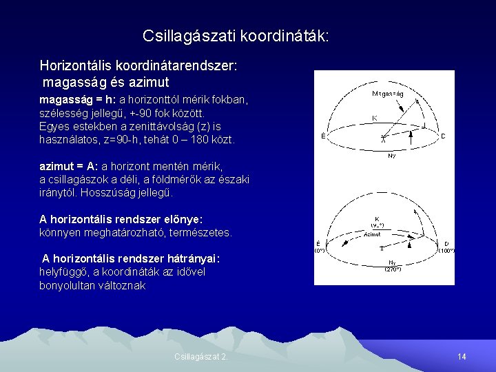 Csillagászati koordináták: Horizontális koordinátarendszer: magasság és azimut magasság = h: a horizonttól mérik fokban,