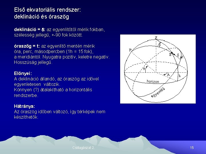 Első ekvatoriális rendszer: deklináció és óraszög deklináció = d: az egyenlítőtől mérik fokban, szélesség