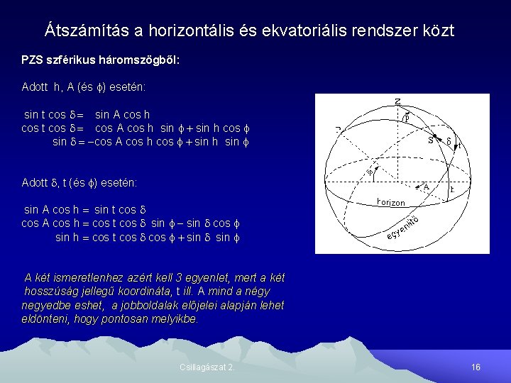 Átszámítás a horizontális és ekvatoriális rendszer közt PZS szférikus háromszögből: Adott h, A (és