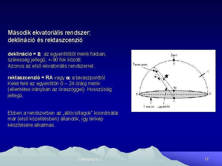 Második ekvatoriális rendszer: deklináció és rektaszcenzió deklináció = d: az egyenlítőtől mérik fokban, szélesség