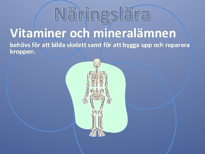 Näringslära Vitaminer och mineralämnen behövs för att bilda skelett samt för att bygga upp