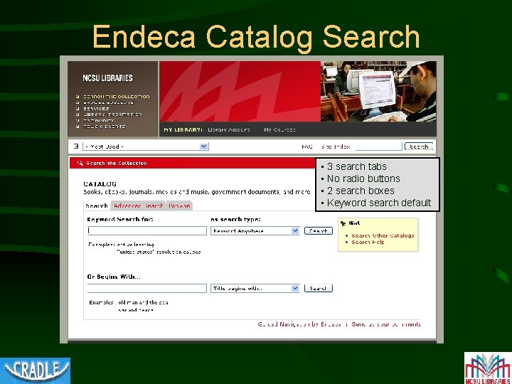 Endeca Catalog Search • 3 search tabs • No radio buttons • 2 search