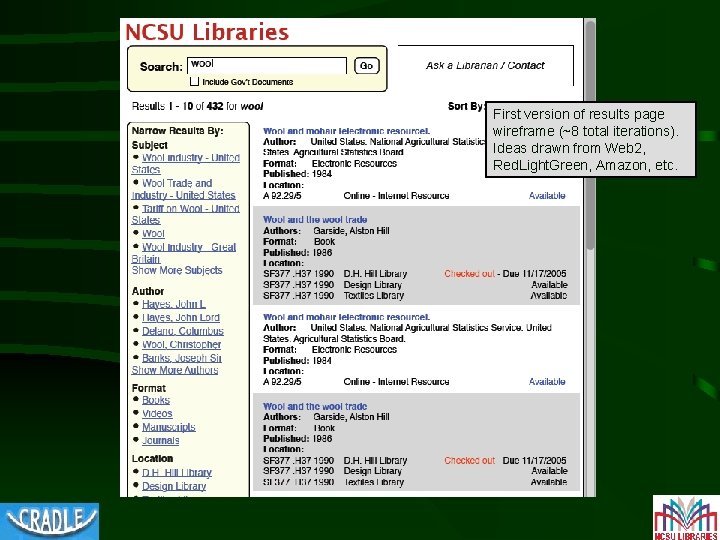 First version of results page wireframe (~8 total iterations). Ideas drawn from Web 2,