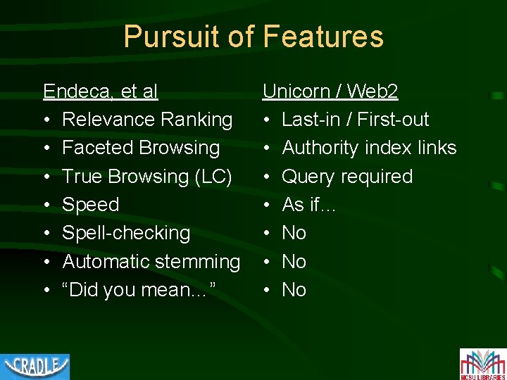 Pursuit of Features Endeca, et al • Relevance Ranking • Faceted Browsing • True