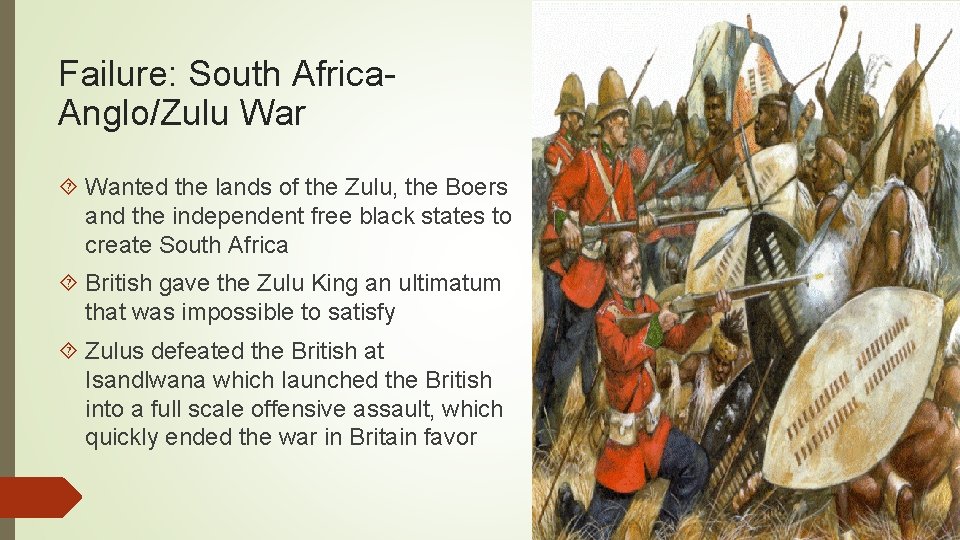 Failure: South Africa. Anglo/Zulu War Wanted the lands of the Zulu, the Boers and Failure: South Africa. Anglo/Zulu War Wanted the lands of the Zulu, the Boers and