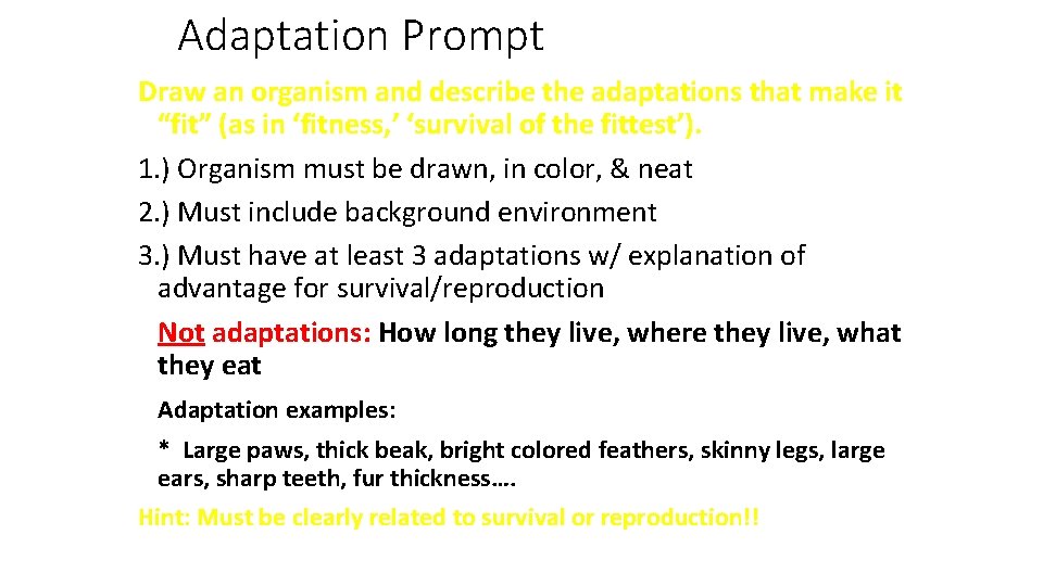 Adaptation Prompt Draw an organism and describe the adaptations that make it “fit” (as