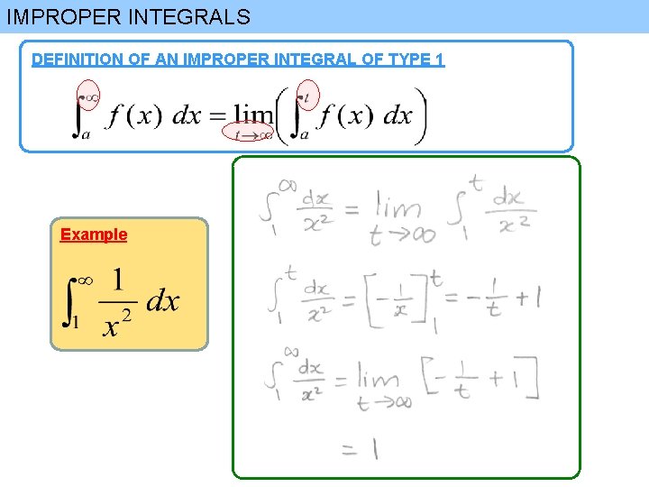 IMPROPER INTEGRALS DEFINITION OF AN IMPROPER INTEGRAL OF TYPE 1 Example 