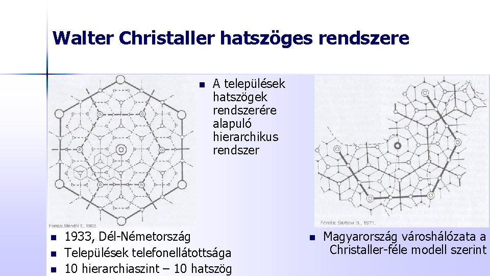 Walter Christaller hatszöges rendszere n n A települések hatszögek rendszerére alapuló hierarchikus rendszer 1933,