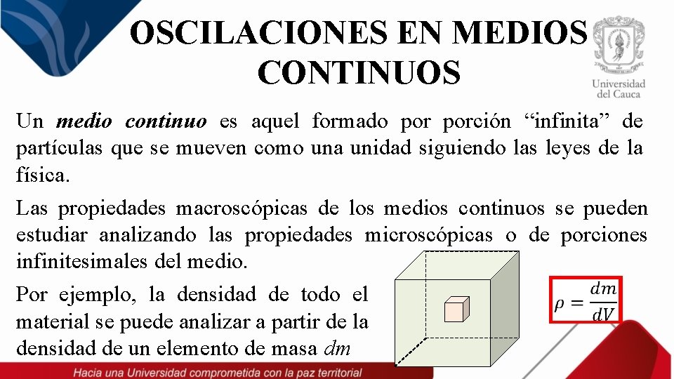 OSCILACIONES EN MEDIOS CONTINUOS Un medio continuo es aquel formado porción “infinita” de partículas