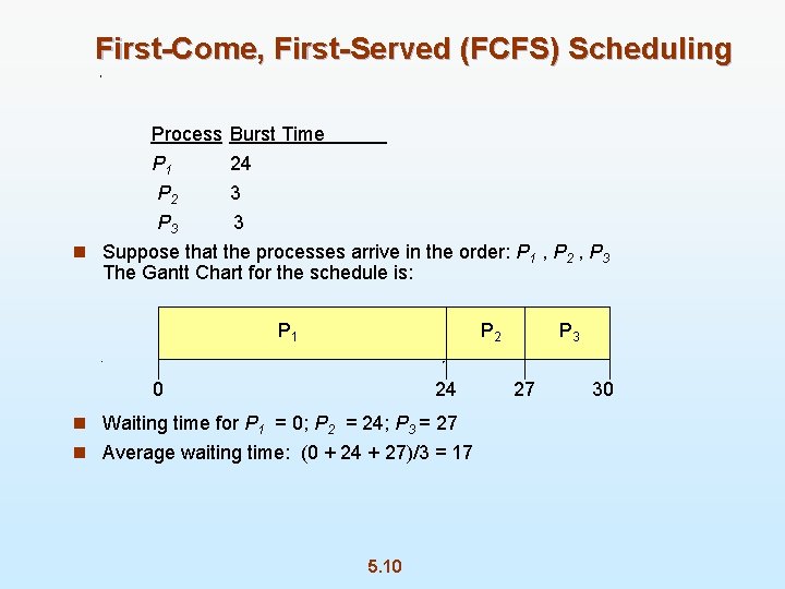 First-Come, First-Served (FCFS) Scheduling Process Burst Time P 1 24 P 2 3 P