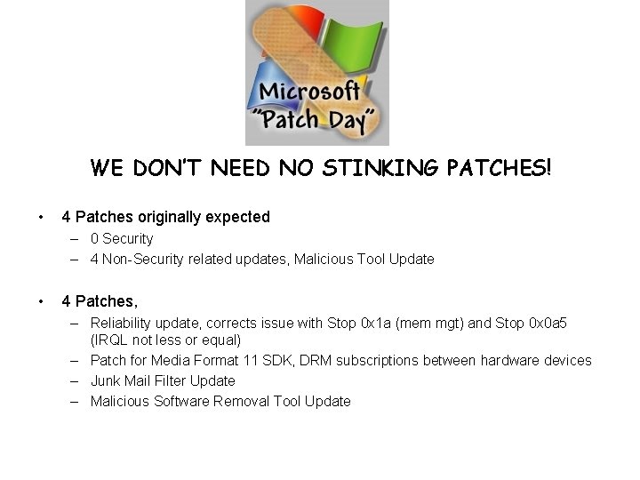 0 WE DON’T NEED NO STINKING PATCHES! • 4 Patches originally expected – 0