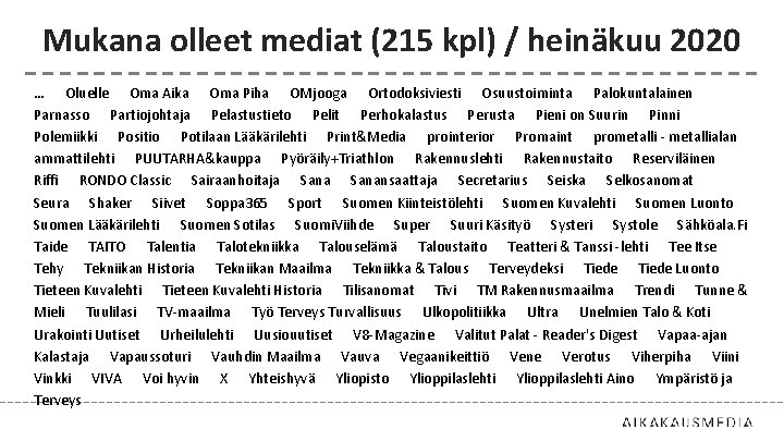 Mukana olleet mediat (215 kpl) / heinäkuu 2020 … Oluelle Oma Aika Oma Piha