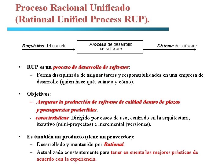 Proceso Racional Unificado (Rational Unified Process RUP). Requisitos del usuario Proceso de desarrollo de