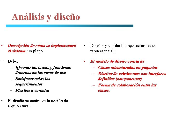 Análisis y diseño • Descripción de cómo se implementará el sistema: un plano •