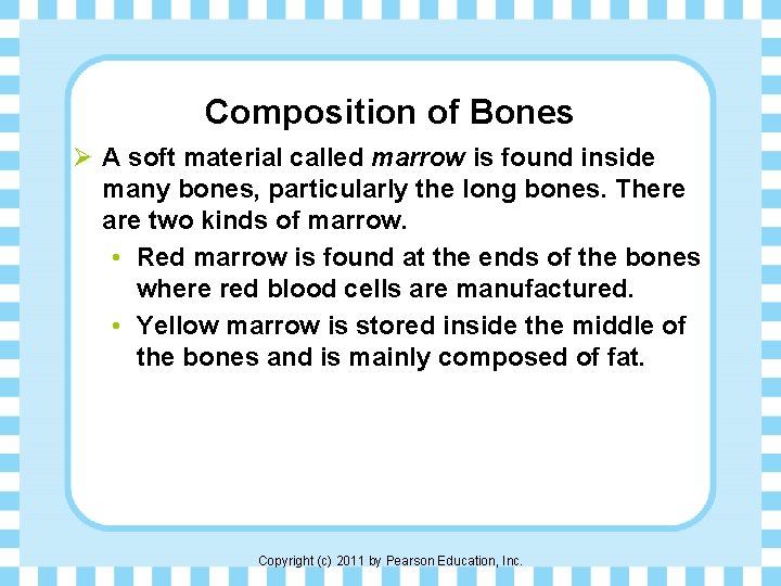 Composition of Bones Ø A soft material called marrow is found inside many bones,
